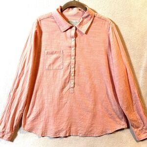 Aventura‎ Blouse L Large Coral 100% Organic Cotton Popover Collared Roll Tab